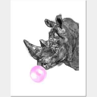 Rhino with Bubblegum in Black and White Posters and Art